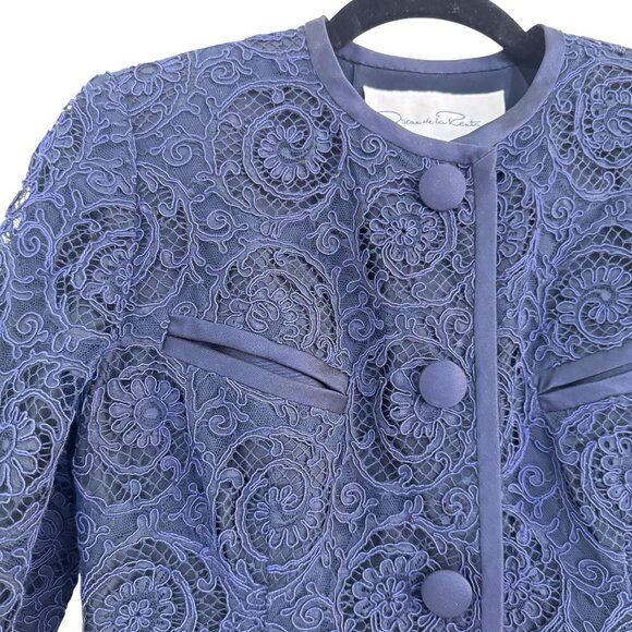 Vintage Oscar de la Renta Womens Navy Blue Floral Embroidered Button Blazer S - Picture 3 of 6